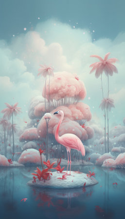digital oil painting of a flamingo in pastel pinks and blues - generative aiの素材