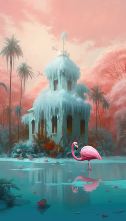 digital oil painting of a flamingo in pastel pinks and blues - generative aiの素材