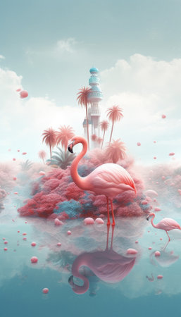 digital oil painting of a flamingo in pastel pinks and blues - generative aiの素材