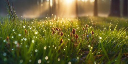 forest flour in the morning after the rain, sunny spots, colorful and beautiful flowers grow on a green grassの素材