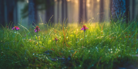 forest flour in the morning after the rain, sunny spots, colorful and beautiful flowers grow on a green grassの素材