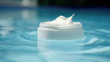 Moisturizing face cream on blue water surface with ripplesの素材