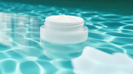 cosmetic cream in a glass jar on the surface of the waterの素材