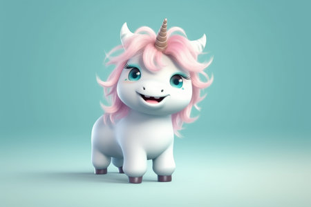 Cute white unicorn on a blue background. 3d rendering.の素材