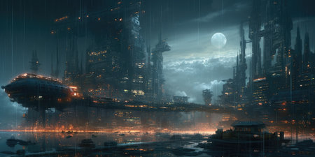 Futuristic city at night and full moon. 3D renderingの素材