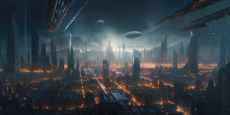 Futuristic city at night. 3D rendering. Futuristic city.の素材