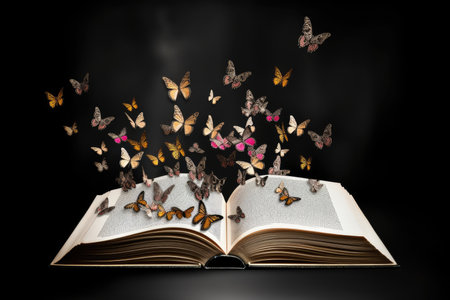 Open book with flying butterflies on black background. Education and knowledge conceptの素材