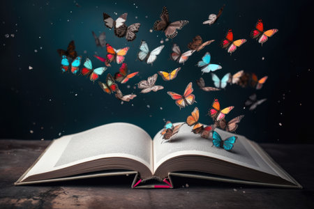 Open book with flying butterflies on dark background, education and knowledge conceptの素材