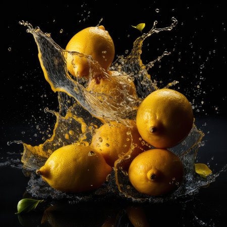 Lemons with water splash on a black background. Citrus fruit.の素材