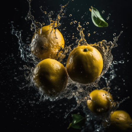 Fresh lemons with water splash on dark background. Toned.の素材