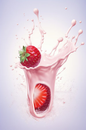 Strawberry and milk splash isolated on white background. 3d illustrationの素材