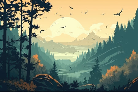 wallpaper whit forest and leaves, old drawing vintageの素材