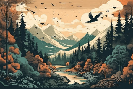 wallpaper whit forest and leaves, old drawing vintageの素材