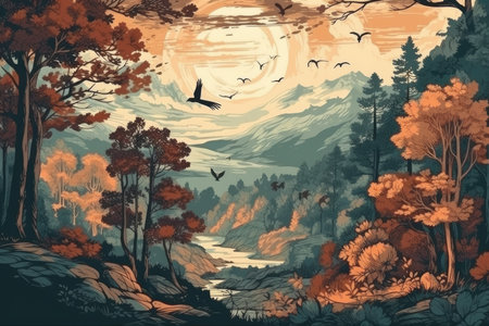 wallpaper whit forest and leaves, old drawing vintageの素材