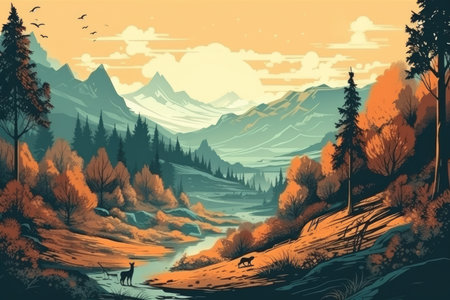 wallpaper whit forest and leaves, old drawing vintageの素材