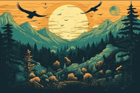 wallpaper whit forest and leaves, old drawing vintageの素材