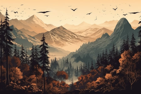 wallpaper whit forest and leaves, old drawing vintageの素材