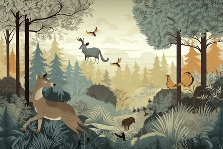 wallpaper whit forest and leaves, old drawing vintageの素材