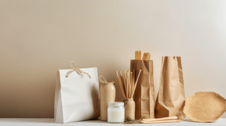 Assortment of eco-friendly packaging options such as biodegradable packaging peanuts, plant-based plastic bagsの素材