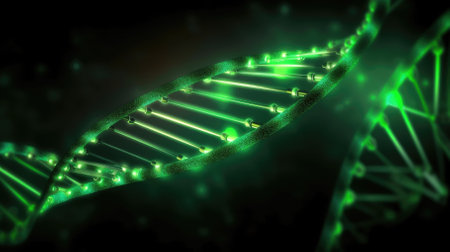 Digital illustration DNA structure in colour background with green lights. 3D renderingの素材