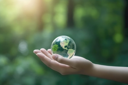Hand of human holding green world with environment icon, Save world, sustainable environment conceptの素材