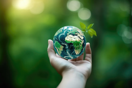 Hand of human holding green world with environment icon, Save world, sustainable environment conceptの素材