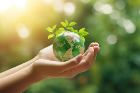 Hand of human holding green world with environment icon, Save world, sustainable environment conceptの素材