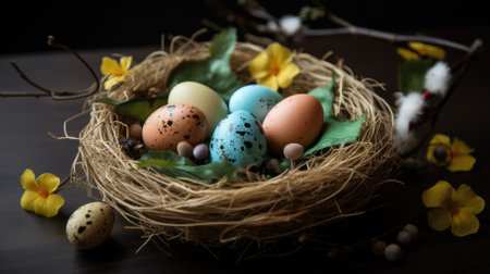 Quail eggs and spring flowers on a white background. Easter concept.の素材