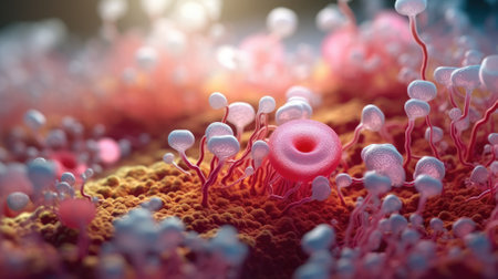 3d illustration of spermatozoons floating in a blood cellの素材