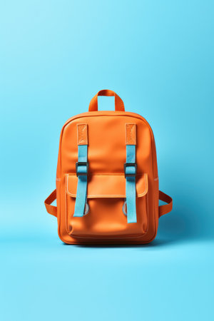 Orange school backpack on a blue background. 3d render illustration.の素材