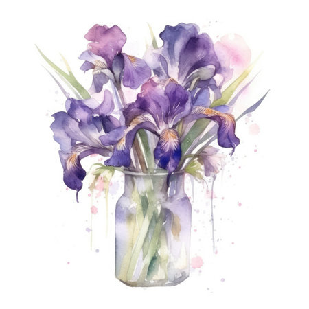 Bouquet of irises in a vase. Watercolor illustrationの素材