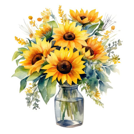 Watercolor bouquet of sunflowers in a glass vaseの素材
