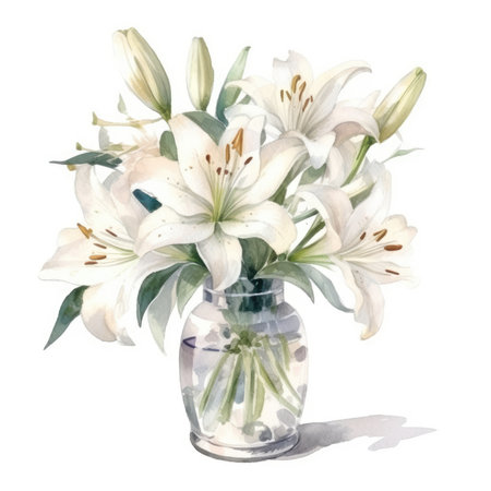 Bouquet of white lilies in a vase. Watercolor illustrationの素材