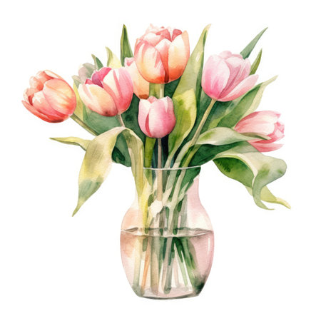 Bouquet of tulips in a glass vase. Watercolor illustrationの素材
