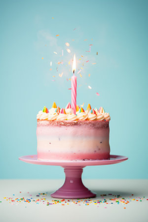 Birthday cake with burning candle on blue background, vintage tonedの素材
