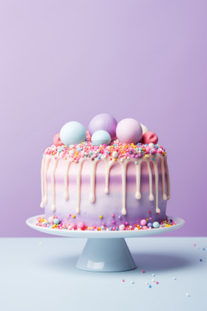 Easter cake with pink icing and sprinkles on a blue backgroundの素材