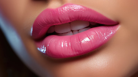 Closeup shot of beautiful female lips with glossy pink lipglossの素材