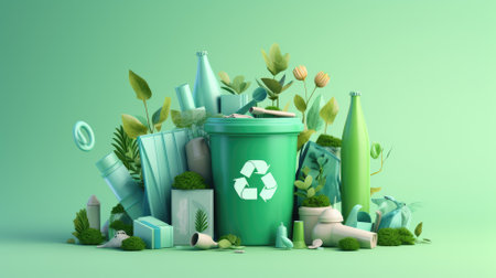 Recycling concept, 3d rendering illustration of green recycling symbol in green backgroundの素材