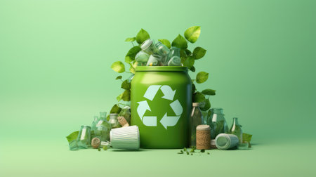 3d rendering of green recycle bin with green leaves on green backgroundの素材