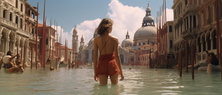 Beautiful young woman in Venice, Italy. Panoramic shot.の素材