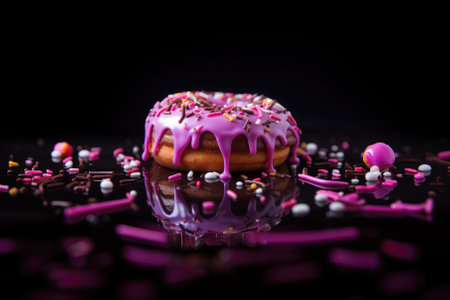 Donut with pink glaze and sprinkles on a black backgroundの素材