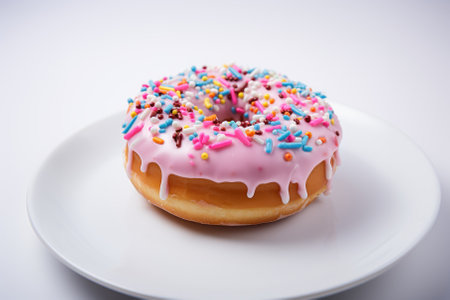 Donut with colorful sprinkles on a white plate on a white backgroundの素材