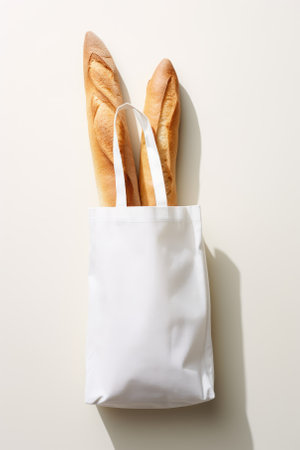 French baguettes in a white canvas bag on a white backgroundの素材