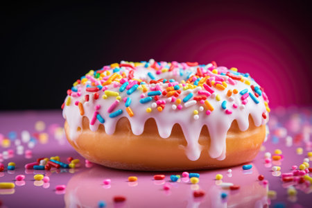 Donut with icing and colorful sprinkles on a pink background.の素材