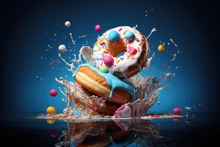 Delicious donuts falling into the water with splashes on blue backgroundの素材