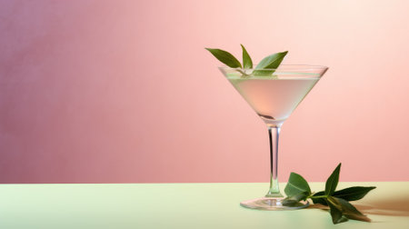 Cocktail in a martini glass with green leaves on a pink background.の素材