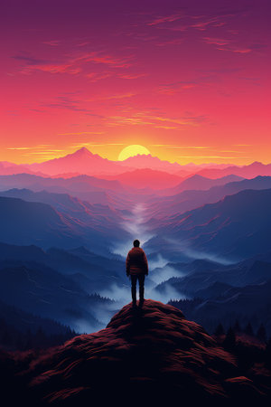 Hiker on the top of a mountain at sunset. Vector illustrationの素材