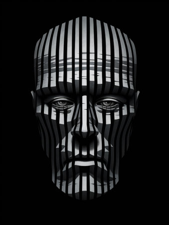 Cyborg face with black and white stripes. 3d illustration.の素材