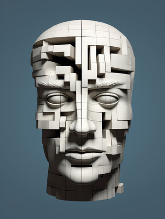 3d rendering of a human head made of white plastic blocks.の素材