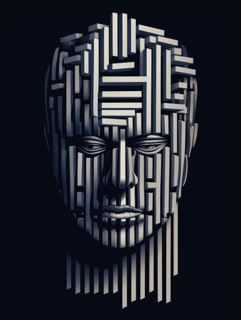 3d rendering of a man face with a maze in the backgroundの素材
